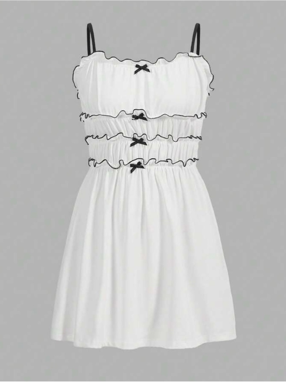 White Ruffled Spaghetti-Strap Dress with Black Trim